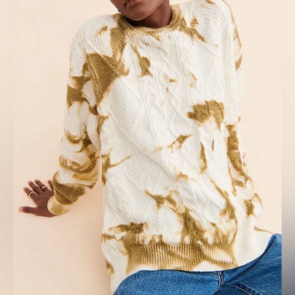 RAGA Anthropologie Tie-Dye Cable Knit Crewneck Sweater - White & Olive Tan